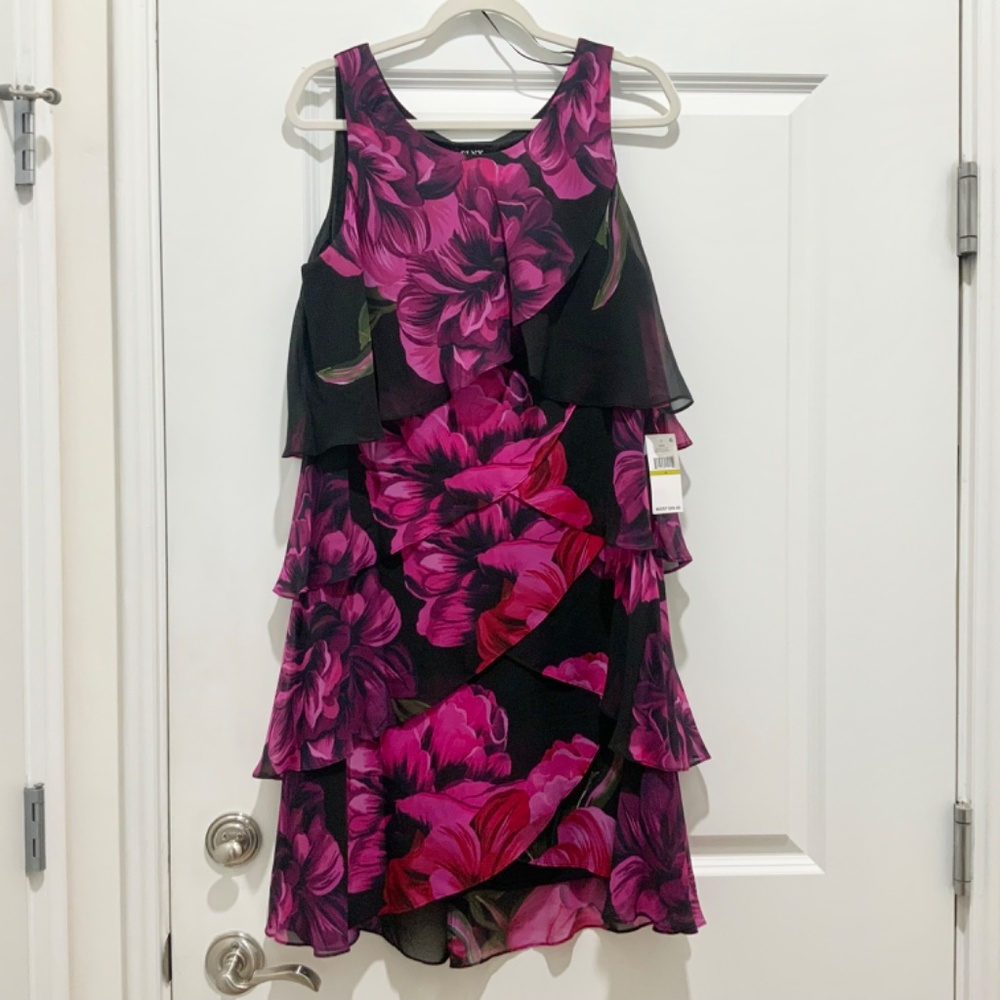 SLNY Womens Floral Flutter Party Sheath Chiffon Dress Black Red Pink Purple 14 - Picture 2 of 5